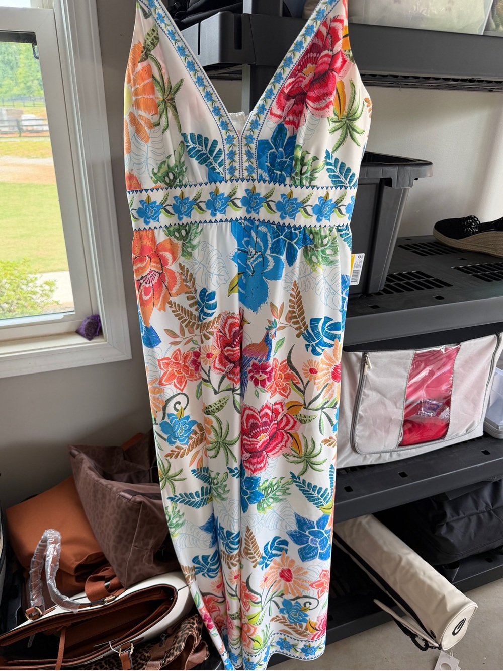Floral V-Neck Maxi dress in White with Multicolor Print.